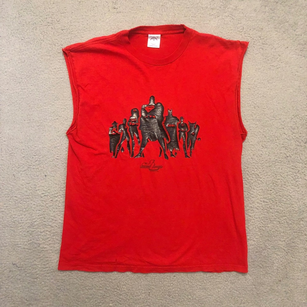 Vtg 2003 Justice League DC Comics Sleeveless Graphic T-Shirt Red Large